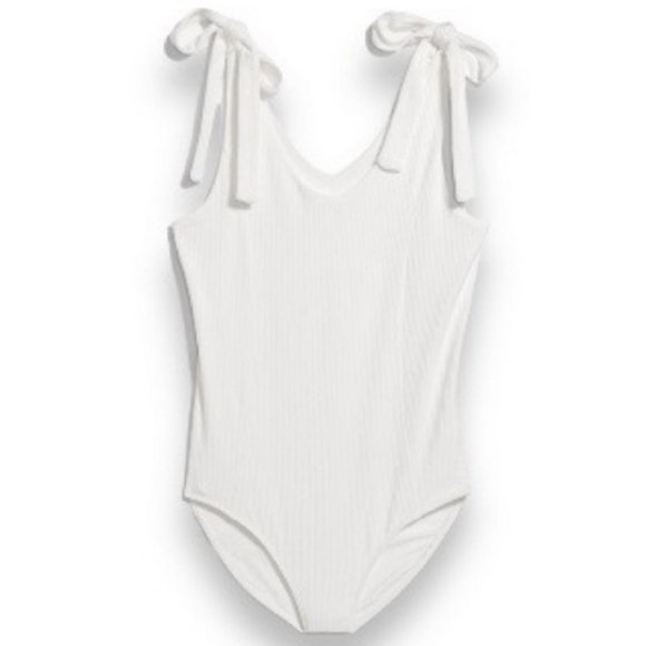 2 Old Navy Tie-Shoulder V-Neck Rib-Knit Bodysuit White & Tan PolkaDot Large NEW - Picture 2 of 11